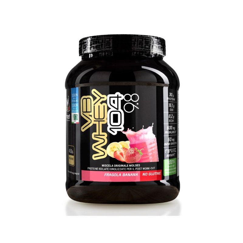 Vendita online INTEGRATORE ALIMENTARE VB WHEY 104 9.8 450G FRAGOLA BANANA costo  30,00 €  spedizione in 24h